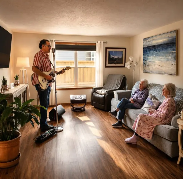 Live guitar music in the living room at AAA Shepherd’s Care Home