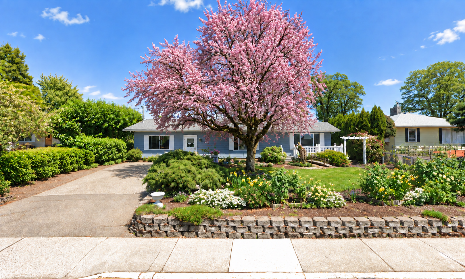 Reed Lane Home with a blooming pink tree and spring flower garden in Dallas, Oregon